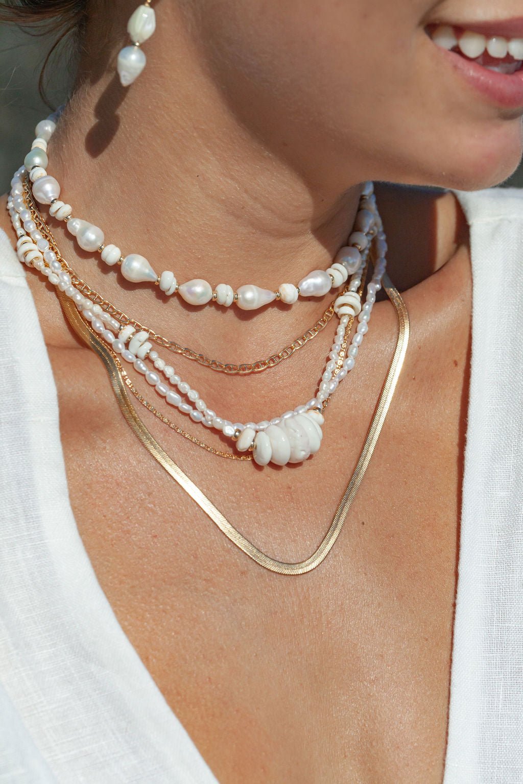 Gold Puka Shell Pearl Bead Necklace - Maka