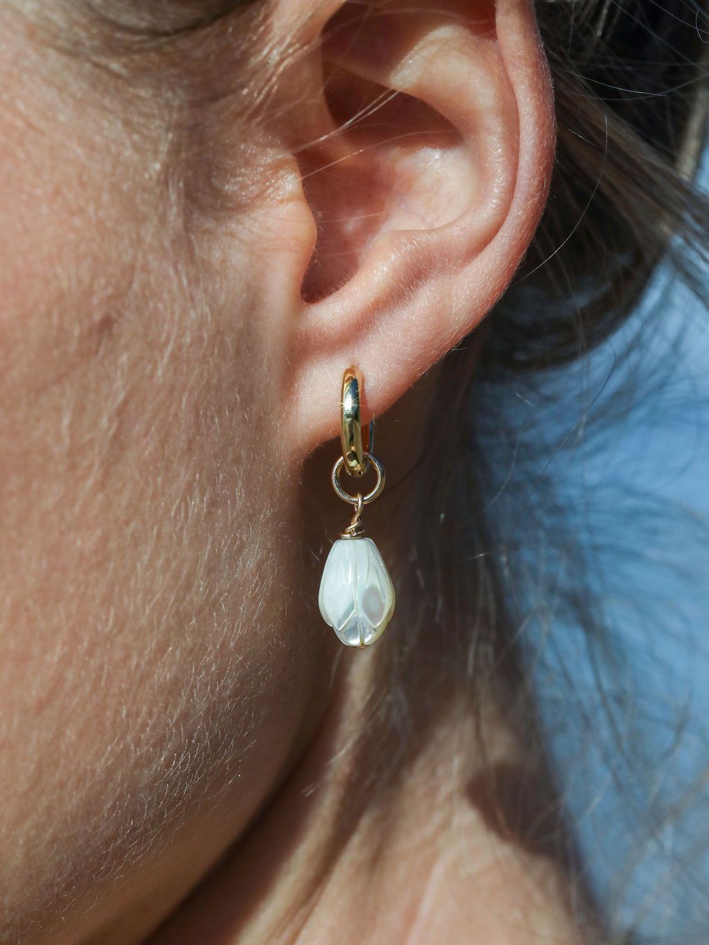 Mother of Pearl and Gold Flower Lei Charm Huggie Hoop Earrings - Lei
