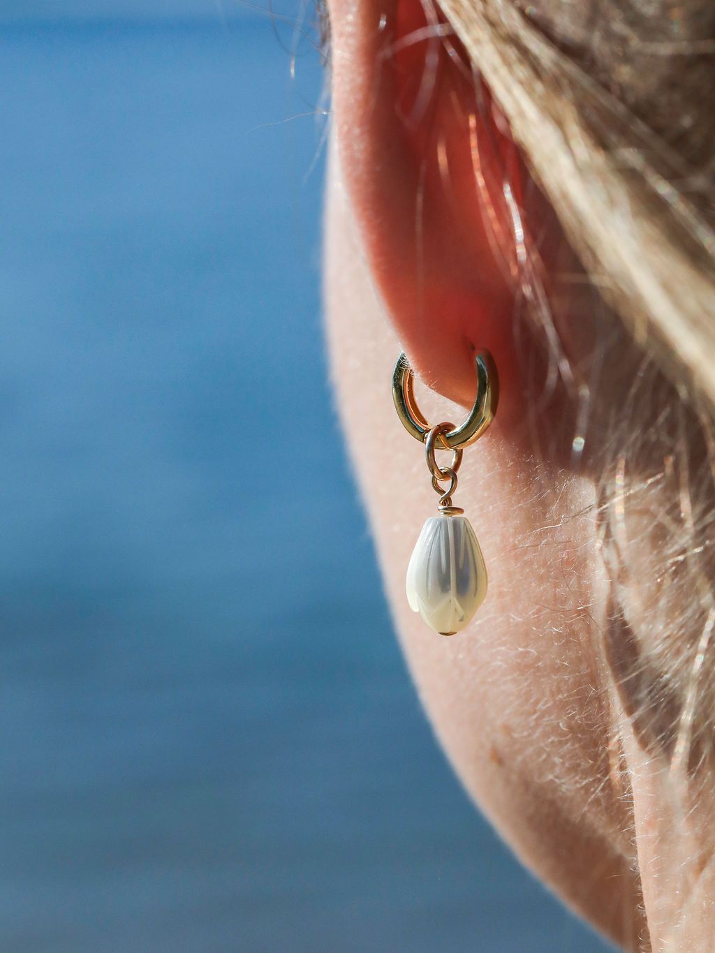 Mother of Pearl and Gold Flower Lei Charm Huggie Hoop Earrings - Lei