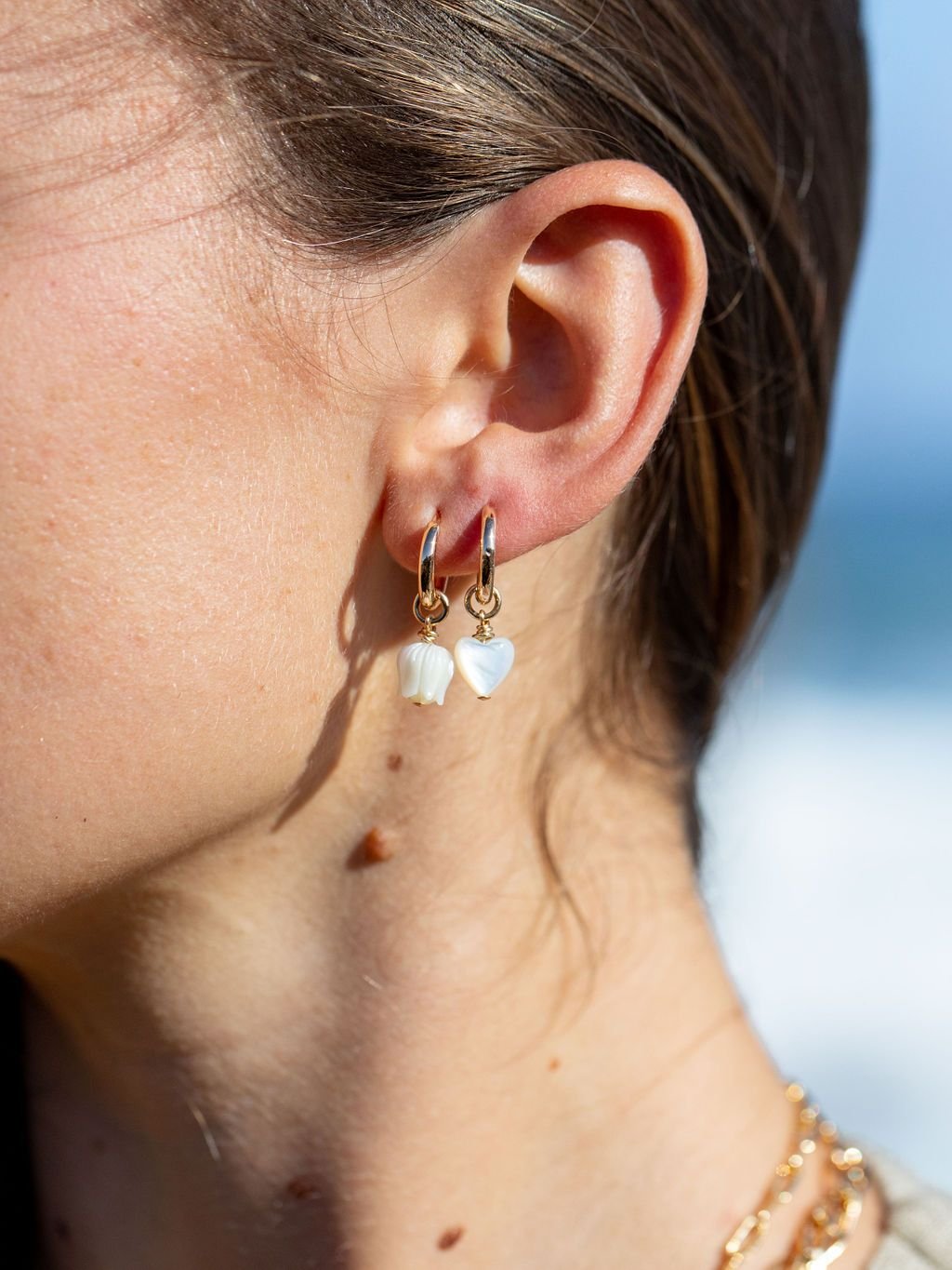 Mother of Pearl and Gold Flower Lei Charm Huggie Hoop Earrings - Lei