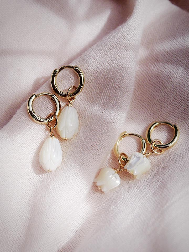 Mother of Pearl and Gold Flower Lei Charm Huggie Hoop Earrings - Lei