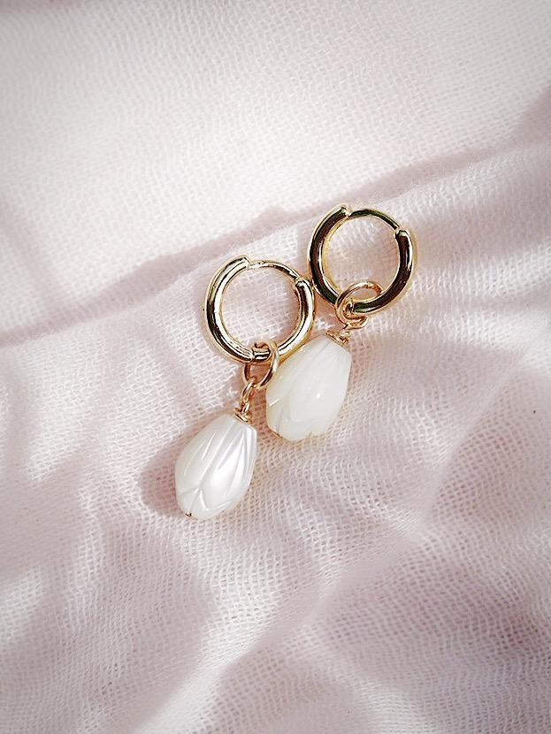 Mother of Pearl and Gold Flower Lei Charm Huggie Hoop Earrings - Lei