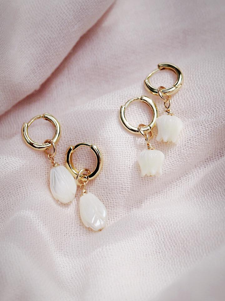 Mother of Pearl and Gold Flower Lei Charm Huggie Hoop Earrings - Lei