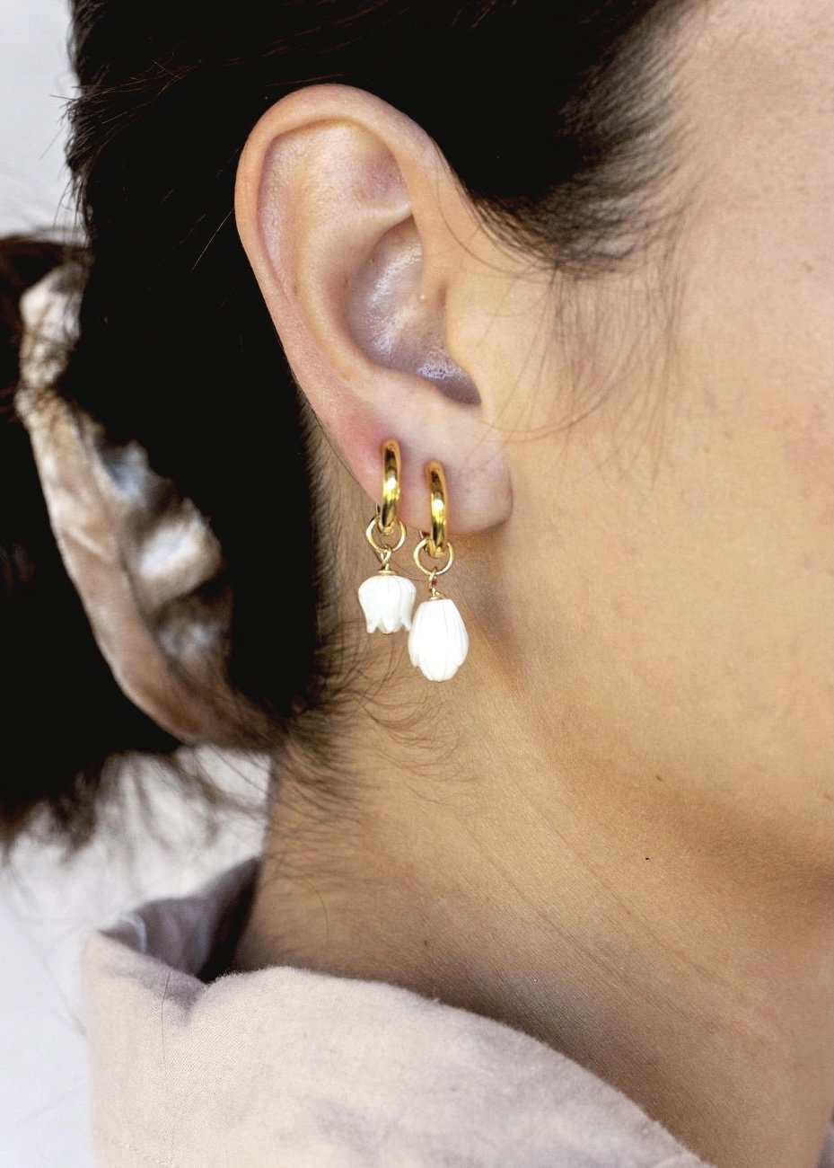 Mother of Pearl and Gold Flower Lei Charm Huggie Hoop Earrings - Lei