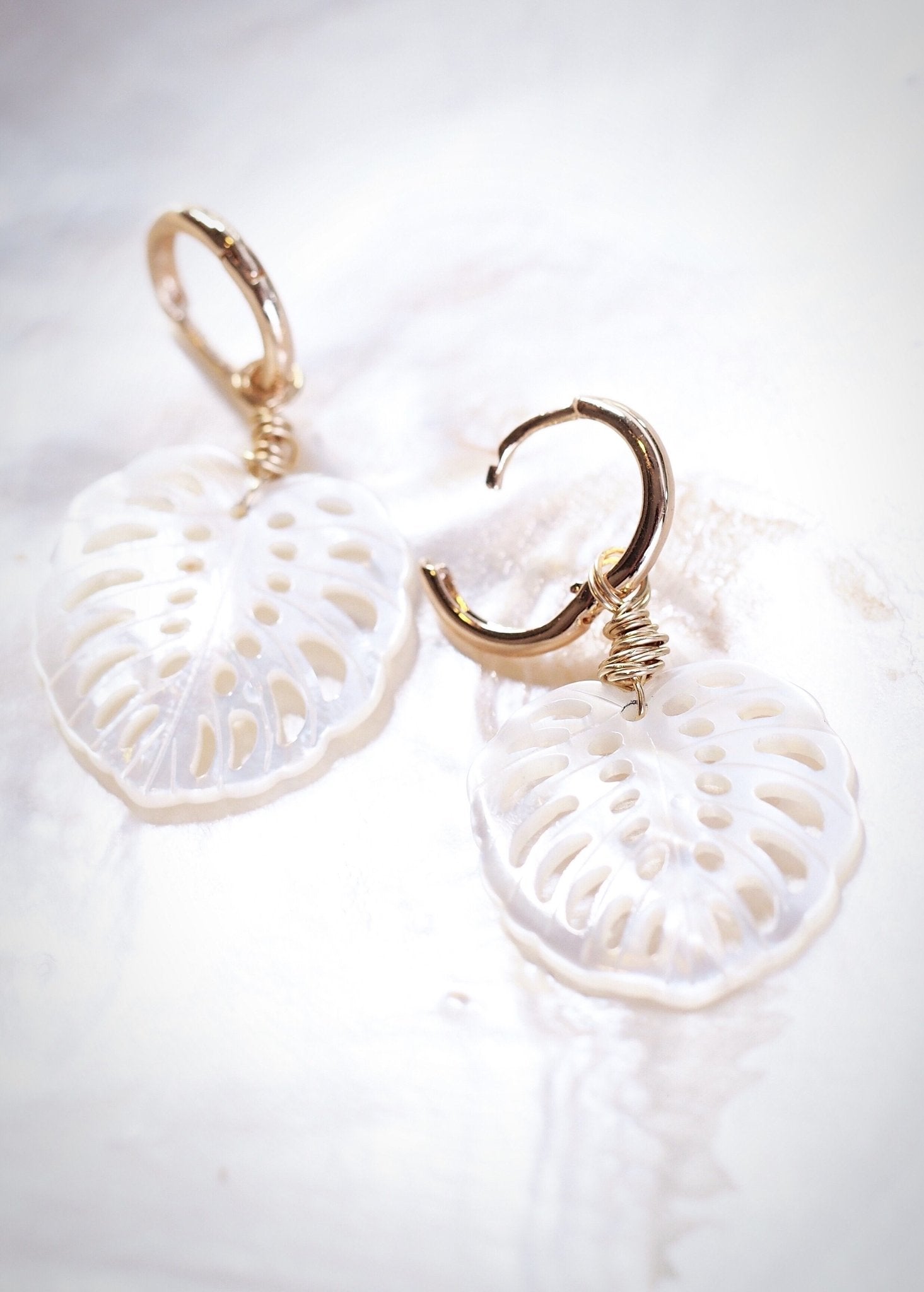 Mother of Pearl and Gold Wrapped Monstera Charm Huggie Hoop Earrings - Hula