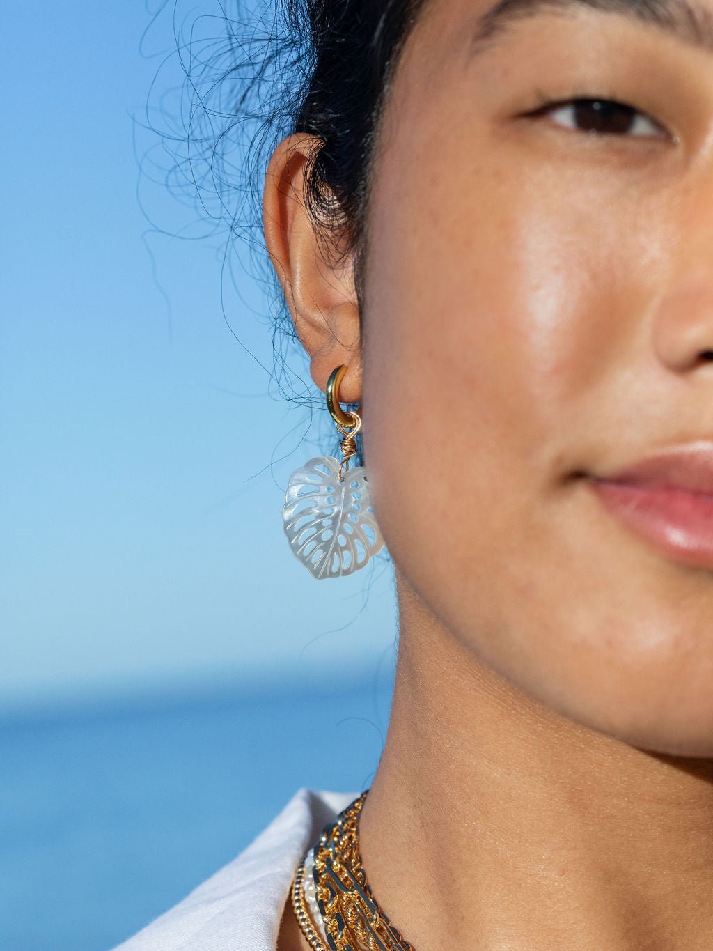 Mother of Pearl and Gold Wrapped Monstera Charm Huggie Hoop Earrings - Hula