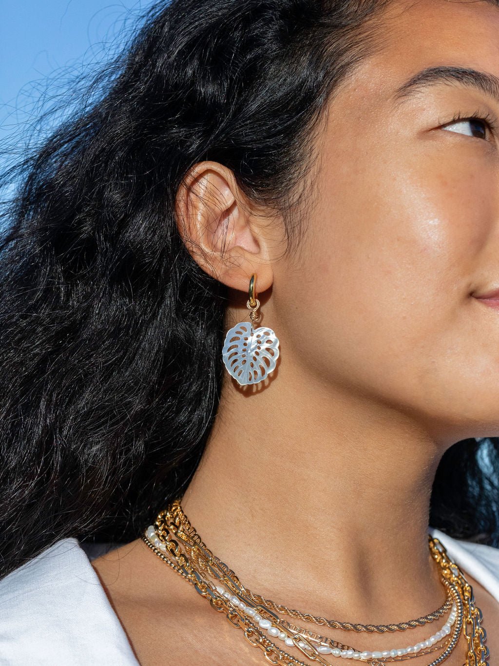 Mother of Pearl and Gold Wrapped Monstera Charm Huggie Hoop Earrings - Hula
