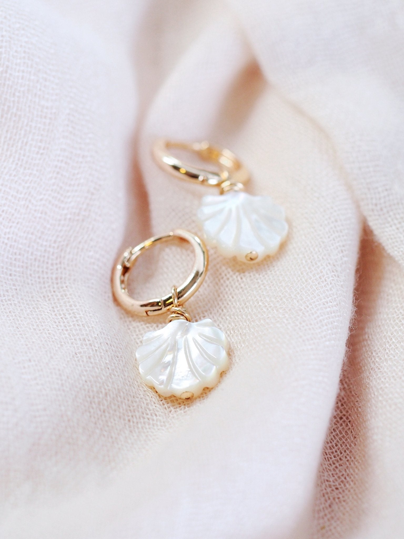 Mother of Pearl and Gold Shell Charm Huggie Hoop Earrings - Lanikai